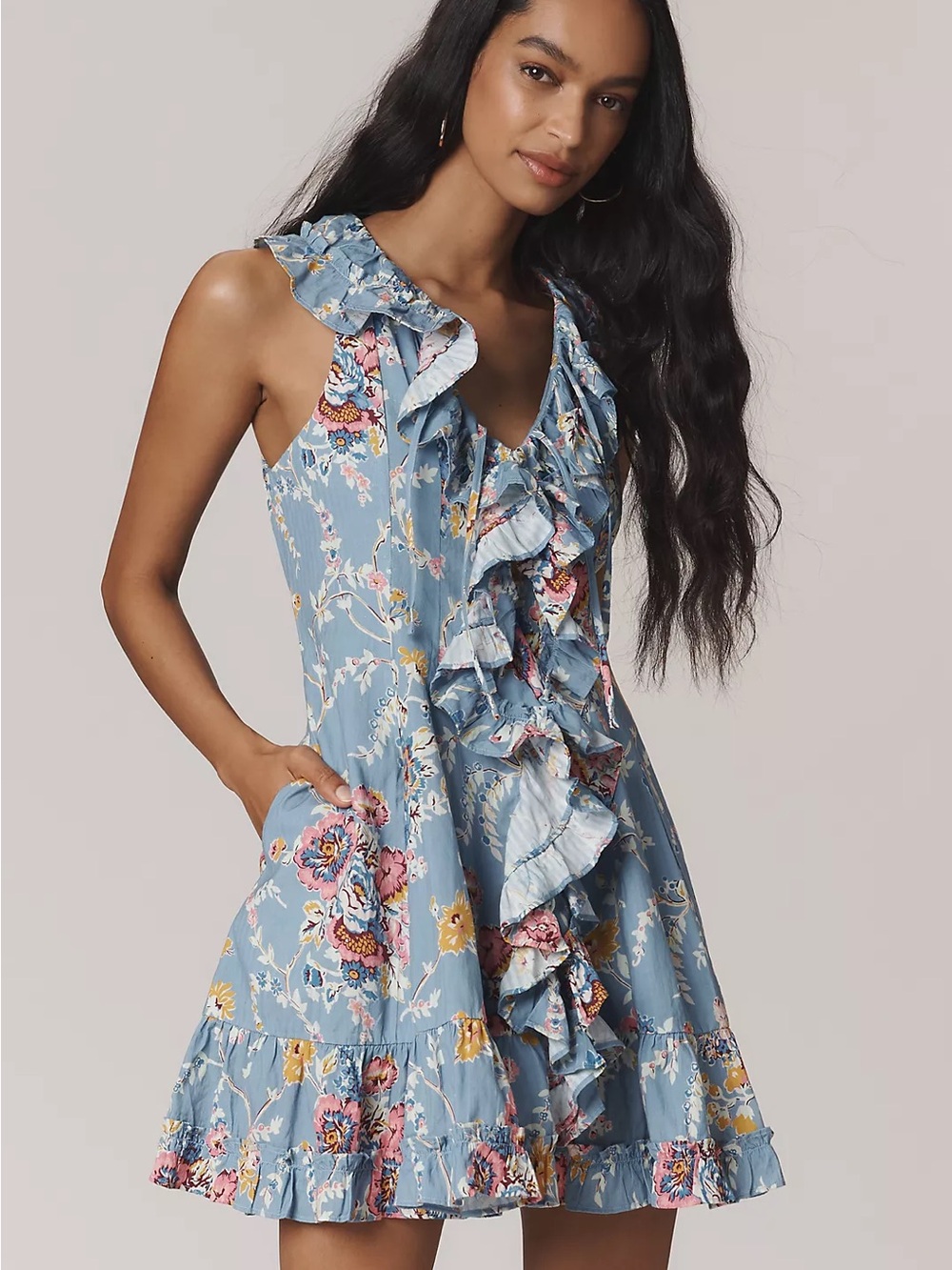 Nwot Ruffled Floral Mini Dress in Light Blue